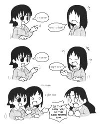  +++ 3girls 67_(meme) ? azumanga_daioh clenched_hands closed_eyes cropped_torso denkirk english_text facing_another greyscale kasuga_ayumu long_hair long_sleeves looking_at_another medium_hair meme monochrome multiple_girls o_o open_mouth sakaki_(azumanga_daioh) sweat takino_tomo upper_body white_background wide-eyed 