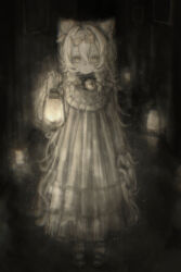  1girl absurdres animal_ears bib_collar black_shoes bow braid braided_sidelocks cat_ears cat_girl colored_eyelashes commentary_request dark_room dress expressionless full_body gloves hair_between_eyes hair_bow hair_intakes head_bow hezaizhou highres hikimayu holding holding_lantern lantern long_dress long_hair long_sleeves looking_at_viewer original shoes sidelocks slit_pupils sparkle standing stitched_face stitches very_long_hair white_dress white_gloves white_hair yellow_bow yellow_eyes 