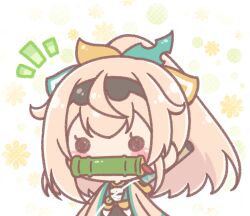  1girl bamboo bit_gag blush_stickers brown_hair chibi commentary_request floral_background gag highres hololive katana kazama_iroha kazama_iroha_(1st_costume) mitarashi_neko mouth_hold ponytail solid_circle_eyes solo sword virtual_youtuber weapon 
