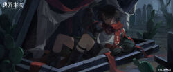  1girl :/ absurdres annoyed arm_up arm_warmers black_arm_warmers black_boots black_gloves black_hair black_shorts boots cactus chinese_commentary closed_mouth coffin commentary_request copyright_name copyright_notice dark-skinned_female dark_skin full_body gloves green_eyes highres in_coffin knees_up logo looking_at_viewer night official_art ramona_(reverse:1999) red_scarf reverse:1999 scarf shirt shorts sitting solo tombstone v-shaped_eyebrows white_shirt 
