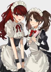  2girls apron black_dress black_wrist_cuffs bow bowtie brown_eyes brown_hair buttons chinese_commentary collared_shirt commentary_request cowboy_shot dress high_ponytail highres holding holding_pastry_bag holding_tray in-franchise_crossover juliet_sleeves kujikawa_rise long_hair long_sleeves maid_headdress multiple_girls neck_ribbon open_mouth pastry_bag persona persona_4 persona_4_the_golden persona_5 persona_5_the_royal ponytail puffy_short_sleeves puffy_sleeves red_bow red_bowtie red_eyes red_hair red_ribbon ribbon shirt short_sleeves simple_background smile teeth tray twintails underbust upper_teeth_only white_apron white_background white_sleeves wrist_cuffs yoru_(yorusumire) yoshizawa_kasumi 