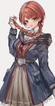  1girl blue_coat blush braid coat dress gloves grey_background highres holding holding_hair kantai_collection long_hair long_sleeves looking_at_viewer nataro_1116 neckerchief nevada_(kancolle) open_mouth red_eyes red_neckerchief redhead simple_background single_braid solo white_gloves 