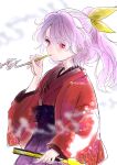 1girl biyon hand_fan high_ponytail japanese_clothes kimono komakusa_sannyo purple_hair red_eyes red_kimono smoking_pipe solo touhou twitter_username 