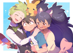  1girl 2boys :d ^_^ absurdres ash_ketchum black_hair black_vest blue_background blue_shirt blush border bow bowtie brown_hair closed_eyes closed_mouth collared_shirt commentary_request double-parted_bangs green_bow green_bowtie green_hair hair_between_eyes heart highres iris_(pokemon) long_hair long_sleeves multiple_boys open_mouth outline outside_border pokemon pokemon_(creature) pokemon_bw red_eyes serizawa_serizane shirt short_hair smile upper_body vest white_border white_outline white_shirt wide-eyed wide_sleeves yellow_shirt 