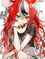  1girl :p absurdres alternate_hairstyle animal_ears artist_name black_shirt black_streaks blue_eyes bright_pupils closed_mouth collar commentary_request crop_top dols_art elbow_on_knee english_text facial_mark flat_chest hakos_baelz heart heart_facial_mark highres hololive hololive_english long_hair looking_at_viewer mouse_ears mouse_girl multicolored_hair red_hair shirt short_sleeves simple_background sketch solo spiked_collar spikes streaked_hair tongue tongue_out virtual_youtuber white_background white_streaks wristband 