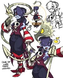  1boy black_pants boots character_name closed_eyes coattails english_text genderswap genderswap_(ftm) hair_over_one_eye highres leviathan_(skullgirls) looking_to_the_side low_ponytail male_focus mars_symbol multiple_views music musical_note pants ponytail puffy_sleeves purple_hair red_boots red_eyes reference_inset simple_background singing skull_print skullgirls squigly_(skullgirls) stitched_mouth stitches striped_shoes striped_sleeves tailcoat the_noodle_(onebadnoodle) white_background zombie 