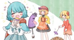  3girls ^_^ absurdres aki_minoriko aki_shizuha apron black_skirt blonde_hair blue_capelet blue_hair blush capelet closed_eyes commentary_request food fruit grapes green_background hair_ornament hat heart highres holding holding_food karakasa_obake leaf_hair_ornament long_sleeves mob_cap multiple_girls open_mouth red_apron red_hat red_scarf red_shirt salt_(saltty) scarf shirt short_hair skirt smile speech_bubble sweet_potato tatara_kogasa tongue touhou translation_request two-tone_background umbrella white_background yellow_eyes 