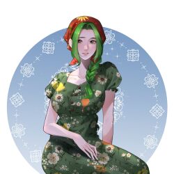  1girl anyumii136 braid braided_ponytail brown_eyes circle commentary dress floral_print green_hair headscarf highres makino_(one_piece) one_piece parted_lips pink_lips puffy_short_sleeves puffy_sleeves red_headscarf short_sleeves sidelocks sitting solo untranslatable_commentary 