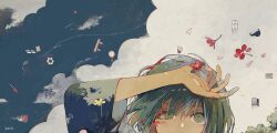  1girl aircraft arm_up artist_name clouds commentary_request door flower gears green_eyes green_hair half-closed_eye highres hot_air_balloon instrument ka_(996beshi) long_hair mouth_out_of_frame original paper_airplane petals piano red_flower sky solo stuffed_animal stuffed_toy swept_bangs teddy_bear two-tone_background uneven_eyes window 
