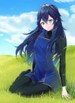  1girl ameno_(a_meno0) black_sweater blue_eyes blue_hair blue_sky blush closed_mouth clouds day fire_emblem fire_emblem_awakening grass hair_between_eyes long_hair long_sleeves looking_at_viewer lucina_(fire_emblem) no_shoes outdoors ribbed_sweater sitting sky smile solo sweater tiara turtleneck turtleneck_sweater 