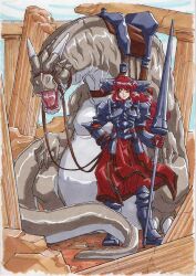  1girl armor armored_boots bad_id boots breastplate broken_pillar closed_mouth day dragon gloves green_eyes hand_on_own_hip helmet holding holding_polearm holding_reins holding_weapon kurubushi_(kurubusi) lance loincloth long_hair open_mouth original outdoors pants pauldrons pointy_ears polearm red_gloves red_hair red_pants red_skirt reins ruins saddle shoulder_armor showgirl_skirt skirt smile solo standing tassel traditional_media vambraces weapon 