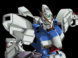  1980s_(style) 1990s_(style) commentary_request earth_federation faux_retro_artstyle glint green_eyes gun gundam highres kds_(0049) machine_gun mecha mecha_focus mobile_suit no_humans retro_artstyle robot science_fiction space v-fin v_gundam victory_gundam weapon 
