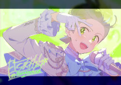  1boy :d blue_bow blue_bowtie bow bowtie cilan_(pokemon) commentary_request gloves green_background green_eyes green_hair hands_up holding holding_microphone jacket long_sleeves looking_at_viewer male_focus microphone open_mouth pokemon pokemon_bw portrait serizawa_serizane short_hair smile solo sweat v white_gloves white_jacket 