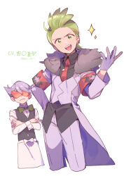  2boys armband black_shirt cilan_(pokemon) cilan_(pokemon)_(cosplay) closed_mouth coat collared_shirt commentary_request cosplay costume_switch cropped_legs crossed_arms fur_collar goggles green_eyes green_hair grey_coat grey_pants lear_(pokemon) lear_(pokemon)_(cosplay) long_sleeves looking_at_viewer male_focus multiple_boys necktie open_clothes open_coat open_mouth pants pokemon pokemon_bw pokemon_masters_ex purple_hair red_armband red_necktie serizawa_serizane shirt short_hair simple_background sparkle standing teeth translation_request twitter_username upper_teeth_only v-shaped_eyebrows white_background 
