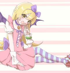 1girl :d absurdres armband bat_wings blonde_hair bow bracelet center_cross_lace choker clothing_cutout donut dress fang finger_to_cheek food frilled_wrist_cuffs frills gagagadaiouda green_armband grin hairband highres jewelry long_hair looking_at_viewer magia_record:_mahou_shoujo_madoka_magica_gaiden magical_girl mahou_shoujo_madoka_magica monogatari_(series) oshino_shinobu pink_dress puffy_short_sleeves puffy_sleeves purple_hairband purple_ribbon ribbon short_sleeves simple_background sitting smile striped_clothes striped_thighhighs thighhighs white_sleeves white_wrist_cuffs wings wrist_cuffs yellow_eyes