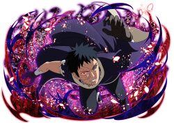  1boy black_gloves black_hair black_pants coat gloves grin heterochromia looking_at_viewer male_focus naruto_(series) naruto_shippuuden naruto_shippuuden:_ultimate_ninja_blazing official_art pants purple_coat red_eyes rinnegan sharingan short_hair smile solo teeth torn_clothes torn_coat uchiha_obito violet_eyes 