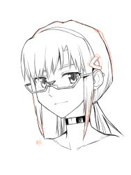  1girl artist_name blush choker close-up collarbone color_trace commentary cropped_torso eyelashes glasses greyscale hair_ornament hairband hairclip kikumaru_bunta light_smile long_hair looking_at_viewer makinami_mari_illustrious monochrome neon_genesis_evangelion portrait rebuild_of_evangelion semi-rimless_eyewear sidelocks signature simple_background sketch smile smirk solo translated twintails under-rim_eyewear white_background 