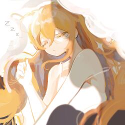  1girl bed_sheet blonde_hair closed_eyes commentary drooling hair_between_eyes hand_in_own_hair highres kirisame_marisa long_hair nightgown parted_lips pn62900508 sleeping solo touhou upper_body white_nightgown zzz 