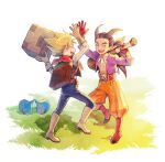  2boys asatori_(ekisuzikara) belt black_vest block_(object) blonde_hair book boots brown_gloves brown_hair closed_eyes club_(weapon) denim double_high_five dragon_quest dragon_quest_builders_2 gloves grass holding holding_weapon jeans jewelry male_builder_(dqb2) multiple_boys necklace open_clothes open_shirt pants red_gloves red_scarf scarf shirt sidoh_(dqb2) slime_(dragon_quest) smile spiky_hair teeth tooth_necklace upper_teeth_only vest weapon white_background white_shirt 