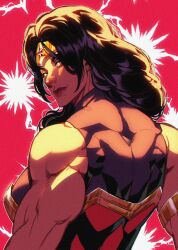  1girl az_ciam biceps black_hair bracer commentary dc_comics from_behind gold_bracer gold_tiara highres long_hair looking_back muscular muscular_female obliques shoulder_blades smile solo superhero_costume tall_female tiara wonder_woman wonder_woman_(series) 