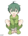  1boy ahoge arakokra artist_name child chipped_tooth dated frog_boy full_body green_eyes green_footwear green_hair green_jacket hair_between_eyes highres jacket looking_at_viewer male_focus original short_hair simple_background smile solo teeth upper_teeth_only white_background 