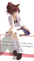 1girl absurdres animal_ears bandaid bandaid_on_knee bandaid_on_leg black_bow black_bowtie black_shoes blue_skirt bow bowtie brown_cardigan brown_eyes brown_hair cardigan cardigan_around_waist chewing_gum clothes_around_waist collared_shirt commentary crossed_bandaids ear_covers english_text fingernails gyaru hair_between_eyes hair_ornament hair_scrunchie hairclip high_ponytail highres horse_ears horse_girl horse_tail loafers looking_at_viewer loose_bowtie loose_socks mark_under_eye miniskirt multicolored_hair nice_nature_(umamusume) pleated_skirt ponytail request_inset school_uniform scrunchie shirt shoes simple_background sitting skirt socks solo star_(symbol) star_hair_ornament streaked_hair tail thighs umamusume vyfrit white_background white_shirt white_socks 