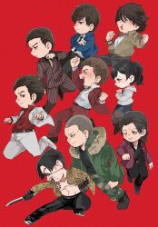  1girl 6+boys akiyama_shun bare_pectorals beard_stubble black_gloves black_hair boots bracelet brown_hair camouflage camouflage_pants chibi eyepatch facial_hair fur-trimmed_jacket fur_trim gloves goatee highres hood hoodie irezumi jacket jewelry kasuga_ichiban kiryu_kazuma majima_goro mine_yoshitaka miniskirt multiple_boys necktie open_clothes open_jacket pants pectorals pinstripe_jacket pinstripe_pattern pinstripe_suit ryuu_ga_gotoku_(series) ryuu_ga_gotoku_1 ryuu_ga_gotoku_3 ryuu_ga_gotoku_4 ryuu_ga_gotoku_5 ryuu_ga_gotoku_7 saejima_taiga sawamura_haruka shinada_tatsuo short_sword skirt snake_print stubble suit sword tanimura_masayoshi tantou tattoo wasadi weapon 