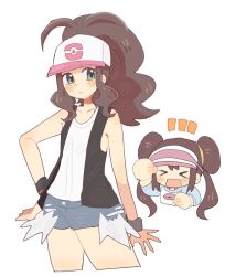  2girls bare_shoulders baseball_cap black_jacket blue_eyes brown_hair denim denim_shorts double_bun hair_bun han0579 hat high_ponytail highres hilda_(pokemon) jacket looking_to_the_side multiple_girls poke_ball pokemon pokemon_bw pokemon_bw2 ponytail rosa_(pokemon) shirt shorts sidelocks simple_background sleeveless sleeveless_jacket sleeveless_shirt visor_cap white_background white_shirt 