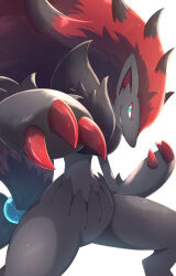  1other black_fur blue_eyes body_fur claws commentary_request furry highres long_hair looking_at_viewer parted_lips pokemon pokemon_(creature) pokemon_focus red_claws red_fur red_hair rumine_(yoshi1234567) sharp_teeth smile solo teeth zoroark 