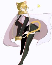  +_+ 1girl akachan_5551 animal_ears black_necktie black_skirt black_thighhighs blonde_hair cape cat cat_ears cat_girl cat_tail chain chained chained_wrists collar cuffs don_quixote_(project_moon) gloves handcuffs high_heels highres index_(identity)_(project_moon) jacket limbus_company long_sleeves necktie project_moon shirt short_hair skirt solo tail thigh-highs white_background white_cape white_shirt yellow_eyes 