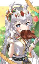  1girl ahoge animal_ears blue_eyes blush bow bowtie center_frills chicken_(food) chicken_leg christmas_ornaments christmas_tree commentary_request food food_in_mouth frills gloves grey_hair hair_ornament highres holding holding_food horse_ears horse_girl jacket korokoro_nekoz long_hair looking_at_viewer multicolored_bow multicolored_bowtie multicolored_ribbon official_alternate_costume oguri_cap_(ashen_miracle)_(umamusume) oguri_cap_(umamusume) ribbon shirt short_sleeves solo turkey_(food) umamusume white_gloves white_jacket white_shirt 