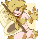  1girl :d animal_feet animal_hands bare_shoulders bell bottomless breasts fox_hat holding holding_staff lowres medium_breasts moonlight_flower open_mouth ragnarok_online red_eyes short_hair sicky_(pit-bull) sitting smile solo staff 