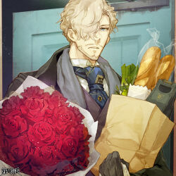  1boy ai_(1714) ascot bag baguette beard black_gloves blonde_hair blue_eyes bouquet bread copyright_name dairoku_ryouhei facial_hair flower food gloves grocery_bag hair_over_one_eye holding jakes_liar male_focus mustache red_flower shopping_bag solo 