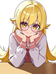  1girl absurdres alternate_costume bespectacled black-framed_eyewear blonde_hair blush closed_mouth commentary commentary_typo elbows_on_table english_commentary glasses hair_flaps hands_on_own_cheeks hands_on_own_face head_rest highres long_hair long_sleeves looking_at_viewer luna_velstra monogatari_(series) necktie oshino_shinobu pink_necktie pink_sailor_collar pointy_ears round_eyewear sailor_collar school_uniform serafuku shirt simple_background smile solo straight-on table upper_body white_background white_shirt yellow_eyes 