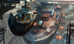  aircraft boat building chain clothesline commentary_request day english_commentary grand_scale highres jet_engine mixed-language_commentary noba original outdoors people scenery science_fiction ship shipping_container standing tagme unworn_clothes watercraft 