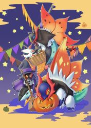  animal_ears basket bat_wings black_hat broom cape cat_ears cat_tail clothed_pokemon commentary fake_animal_ears fake_tail fake_wings flying halloween halloween_costume hat highres holding holding_basket holding_broom in_basket in_container iron_moth jack-o'-lantern larvesta mi_ni_chi no_humans outline pokemon pokemon_(creature) pokemon_focus purple_cape slither_wing star_(symbol) string_of_flags tail volcarona white_outline wings witch_hat 