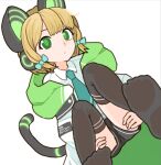  1girl animal_ear_headphones animal_ears aqua_necktie black_shorts black_thighhighs blonde_hair blue_archive blue_bow bow cat_ear_headphones cat_tail collared_shirt double_horizontal_stripe fake_animal_ears green_eyes hair_bow hands_on_own_thighs headphones hood hood_down hooded_jacket jacket lowres midori_(blue_archive) necktie open_clothes open_jacket shirt short_hair shorts sicky_(pit-bull) single_horizontal_stripe sitting solo tail thigh-highs white_shirt 