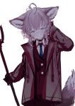  1girl absurdres ahoge alternate_costume animal_ears arknights blue_eyes blue_necktie blush choker coat collared_shirt commentary cowboy_shot fox_ears fox_girl fox_tail grin half-closed_eyes hand_in_own_hair hand_on_own_head hand_up head_tilt highres holding holding_staff jacket long_hair long_sleeves looking_at_viewer necktie open_clothes open_coat pink_hair purple_jacket red_jacket shirt simple_background smile solo staff suit sussurro_(arknights) tail teeth white_background yamori_no_o 