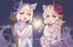  2girls alternate_costume animal_ear_fluff animal_ears blonde_hair blue_eyes blue_hair breasts dog_ears dog_girl fireworks fuwawa_abyssgard hololive hololive_english japanese_clothes kimono long_hair mask mask_on_head mococo_abyssgard multicolored_hair multiple_girls night night_sky oni_mask open_mouth perroccino_(fuwamoco) pink_eyes pink_hair siblings sisters sky sobbi11 sparkler streaked_hair twins virtual_youtuber 
