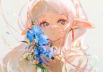  1girl backlighting blue_eyes blue_flower earrings eyelashes facing_viewer flower frieren highres holding holding_flower jewelry kirrrara long_hair looking_at_viewer parted_lips pointy_ears portrait solo sousou_no_frieren thick_eyebrows twintails white_background white_hair 