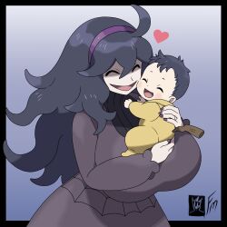  1girl 1other absurdres alternate_breast_size_(larger) baby baby_carry breasts carrying carrying_baby carrying_person cheek-to-cheek commentary cosplay dress english_commentary fungus-man hairband happy heads_together heart hex_maniac_(pokemon) hex_maniac_(pokemon_xy) highres huge_breasts jewelry long_hair mother_and_child mother_and_son nail_polish official_style onesie open_mouth pale_skin parent_and_child parody pikachu pikachu_(cosplay) pokemon pokemon_xy purple_hair ring self-upload smile 