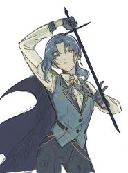  aiguillette asahina_mafuyu black_cape black_gloves black_pants brooch buttons cape collar collared_shirt collared_vest curtained_hair earrings epaulettes gem gloves gold_trim head_back highres holding holding_above_head holding_sword holding_weapon jewelry lapels magqotq medium_hair notched_lapels official_alternate_costume official_alternate_hairstyle pants parted_lips project_sekai purple_hair purple_ribbon purple_vest red_gem relax_teatime_(project_sekai) ribbon shirt single_earring sword vest violet_eyes weapon white_shirt 