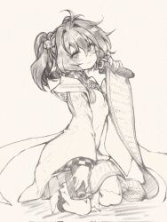  1girl alternate_costume artist_name bell blush carbohydrate_(asta4282) checkered_clothes checkered_kimono closed_mouth commentary_request greyscale hair_bell hair_ornament highres holding holding_scroll japanese_clothes jingle_bell kimono looking_at_viewer medium_hair monochrome motoori_kosuzu scroll sitting smile solo touhou traditional_media two_side_up watermark wide_sleeves 