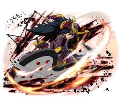  1boy alternate_costume armor black_hair gunbai hand_fan helmet holding holding_scythe holding_weapon japanese_armor kabuto_(helmet) long_hair looking_at_viewer naruto_(series) naruto_shippuuden:_ultimate_ninja_blazing official_art purple_armor red_eyes samurai scythe shoulder_armor sode solo uchiha_madara war_fan weapon 