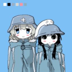  2girls black_eyes black_hair blonde_hair blue_background blue_eyes blush blush_stickers chito_(shoujo_shuumatsu_ryokou) closed_mouth coat color_guide combat_helmet creature creature_on_head eli_(chibitoad) expressionless fur_trim green_coat helmet highres hood hood_down hooded_coat jacket long_hair long_sleeves looking_at_viewer low_twintails medium_hair multiple_girls nuko_(shoujo_shuumatsu_ryokou) on_head shoujo_shuumatsu_ryokou simple_background smile stahlhelm straight-on twintails upper_body yuuri_(shoujo_shuumatsu_ryokou) zipper 