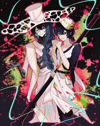  2boys abstract_background absurdres apron aqua_eyes beret black_eyes black_hair black_pants black_shirt braid braided_ponytail chinese_commentary closed_mouth commentary_request facial_mark hair_over_shoulder hand_on_another's_shoulder hat highres holding holding_pencil holding_polearm holding_weapon hong_lu_(project_moon) large_hat limbus_company long_hair looking_at_viewer luye33291225 male_focus mechanical_arms multiple_boys one_eye_closed paint_on_clothes paint_splatter pants pencil polearm ponytail project_moon ring_(identity)_(project_moon) robe shirt short_ponytail skin_seams smile stole teardrop_facial_mark very_long_hair weapon white_apron white_hat white_robe wide_brim yi_sang_(project_moon) 