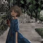  1girl :d blue_dress blush brown_eyes brown_hair bush can ccnaov day dress grass hand_up highres holding holding_can looking_at_viewer muted_color open_mouth original outdoors road short_hair short_sleeves smile soda_can solo speech_bubble standing teeth translation_request tree upper_teeth_only 