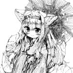  1girl absurdres animal_ears arknights closed_mouth commentary flower fox_ears fox_girl fox_tail greyscale hair_flower hair_ornament hairband highres holding holding_umbrella japanese_clothes kimono kitsune kyuubi long_sleeves looking_at_viewer mia_yorumiya monochrome multiple_tails official_alternate_costume smile solo suzuran_(arknights) suzuran_(yukibare)_(arknights) tail umbrella wide_sleeves 