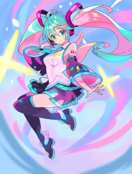  1girl absurdres ahoge aqua_eyes aqua_hair aqua_necktie aqua_skirt black_boots black_skirt black_sleeves blush boots breasts commentary_request detached_sleeves double-parted_bangs grey_shirt hatsune_miku headset highres legs_up multicolored_hair necktie neon_trim number_tattoo pink_hair poipoi_v_game shirt sidelocks skirt sleeveless sleeveless_shirt small_breasts smile solo tattoo thigh_boots tie_clip twintails two-tone_hair two-tone_skirt vocaloid 