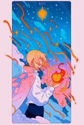  1boy :o argyle_clothes argyle_jacket blonde_hair blue_gem blue_pants blue_sky calcifer card_(medium) closed_eyes closed_mouth clouds collared_shirt commentary earrings english_commentary evening fire from_side gem gradient_sky green_gem highres howl_(howl_no_ugoku_shiro) howl_no_ugoku_shiro jacket jacket_on_shoulders jewelry long_sleeves male_focus medium_hair meyoco necklace open_clothes open_mouth outdoors outside_border pants pink_background pink_sky profile roman_numeral rounded_corners shirt shooting_star sky solo standing star_(sky) star_(symbol) sunset tarot tarot_(medium) the_star_(tarot) white_shirt wide-eyed wind 